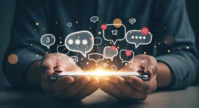Hands holding smartphone displaying glowing notification bubbles, symbolizing digital communication and social media engagement. - Powered by Adobe