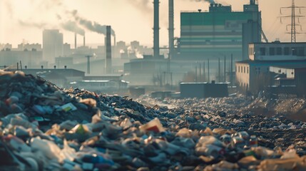 Mountains of plastic bottles and garbage accumulated near factory chimneys emitting smoke, symbolizing industrial pollution and environmental damage.