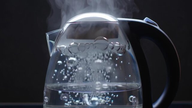 4k close up shot electric kettle boiling water with rising steam, transparent glass teapot bubbling hot liquid macro detail, kitchen appliance heat energy concept, household technology background moti