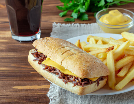 Pulled pork sandwich with American cheese on a hoagie roll with fries. Ai