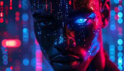 Digital portrait African man with glowing blue eye, red & blue digital pattern projected on face & background