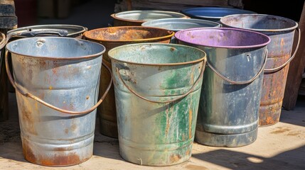 Group of weathered metal pails showing signs of age