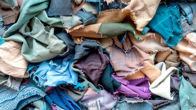 Pile of colorful textile scraps and swatches in different textures, representing fabric recycling, sustainability, and handmade design creativity.