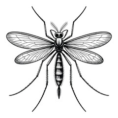 Detailed black and white illustration of a mosquito from above