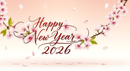 Elegant calligraphy happy new year 2026 surrounded by delicate cherry blossoms isolated on white background