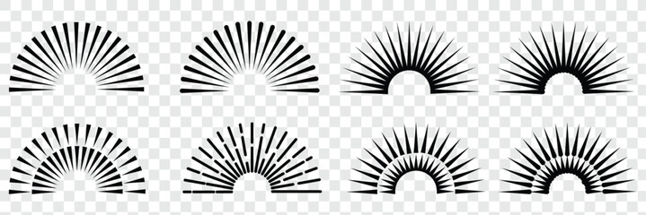 Vintage starburst. Sunburst shapes, bursting sun rays, sunshine. Radial fireworks burst, sunset and sunrise, star beams, sparkle elements. Vector classic boho logo line set. Sunburst, sun light ray. 