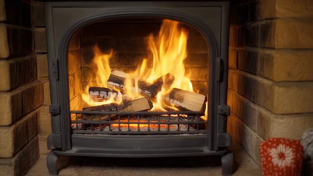 4K Footage Christmas time. Wood burning in a cozy fireplace