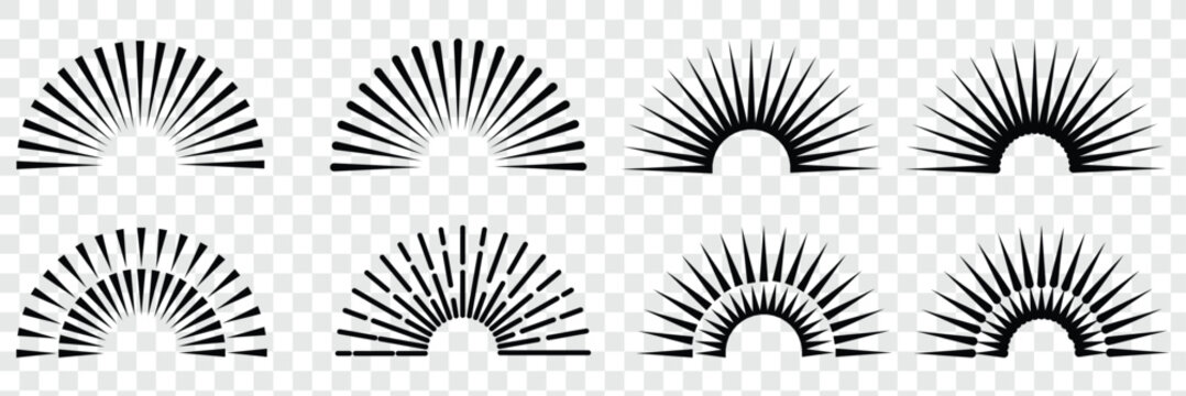 Vintage starburst. Sunburst shapes, bursting sun rays, sunshine. Radial fireworks burst, sunset and sunrise, star beams, sparkle elements. Vector classic boho logo line set. Sunburst, sun light ray. 