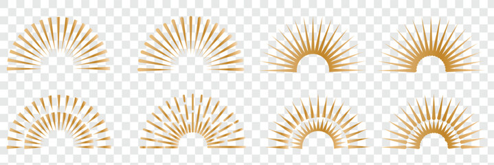 Fototapeta premium Vintage starburst. Sunburst shapes, bursting sun rays, sunshine. Radial fireworks burst, sunset and sunrise, star beams, sparkle elements. Vector classic boho logo line set. sunburst boho style.