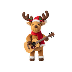 A Stuffed Reindeer Wearing A Santa Hat And A Red Scarf Plays An Acoustic Guitar With Antlers And Holly Berries Adorning Its Head And Transparent Background