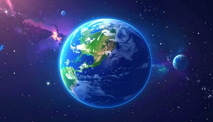 Digital Earth illustration with vibrant continents, swirling oceans, and two distant moons in a colorful nebula