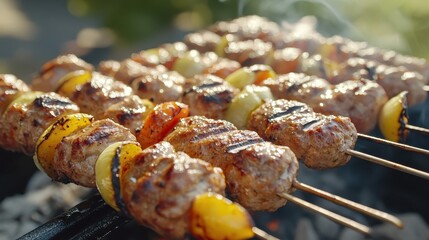 Delicious grilled Turkish kebabs with vegetables on wooden skewers
