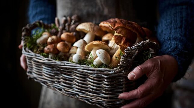 Wild mushroom basket forest foraging autumn harvest rustic hands holding basket filled with edible porcini chanterelle boletus oyster morel mushroom