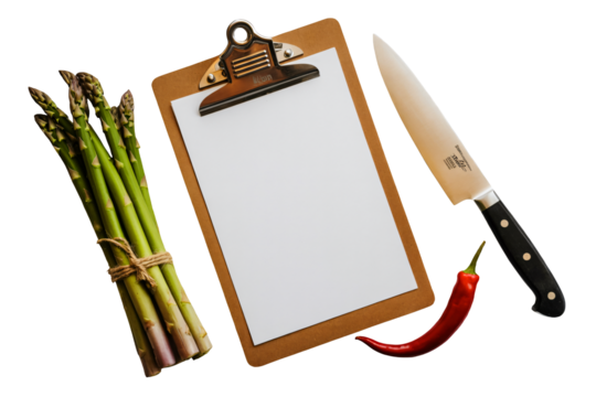 Fresh asparagus bundle, chef's knife, and vibrant chili pepper beside blank clipboard for recipe planning or grocery lists