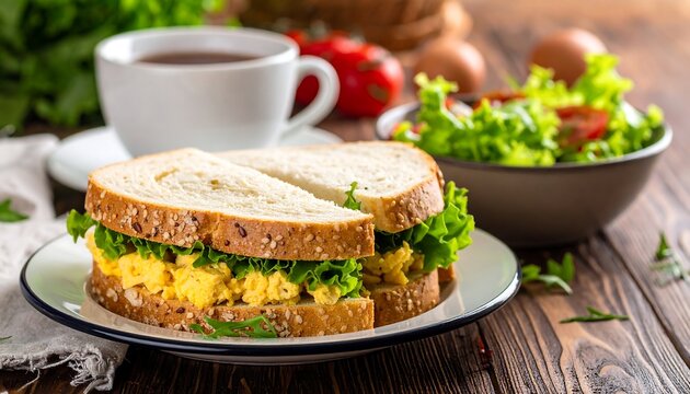 Egg salad sandwich on a plate with salad and tea on a wooden table, showcasing fresh ingredients - Powered by Adobe