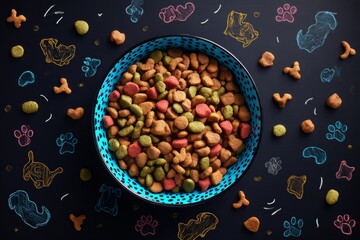 Nourishment from above: a simple view of dog food on slate. Drama poster. Innovative pet cuisine: bowl with playful chalkboard surroundings. Movie cover. Blockbuster art.