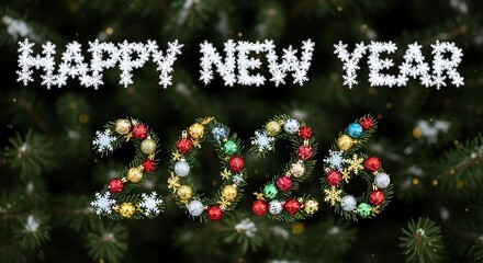 Happy new year 2023 text and numbers made of christmas tree ornaments and lights isolated on white background