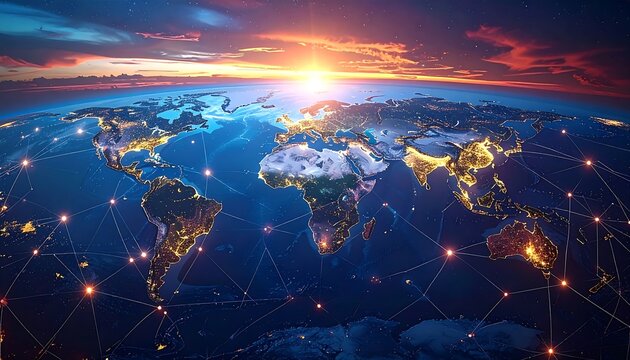 Global network concept Earth glows with illuminated cities linked by connecting lines, under a dramatic sunrise sky