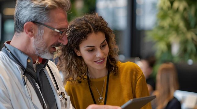 Medical doctor consultation with smiling patient reviewing tablet results in modern clinic stethoscope healthcare collaborative consultation