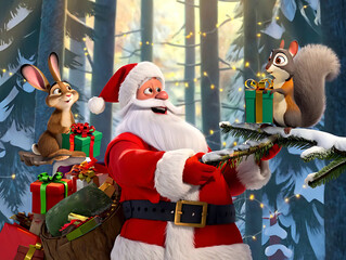 Forest animals celebrate Christmas with Santa Claus, exchanging gifts and dancing together under the snow near a bright Christmas tree.