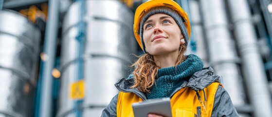Tech and environment: engineer conducts essential site analysis. Visual balance. Engineer evaluates environmental impact of site near vast storage tanks. Advertising photo. Clear focus.