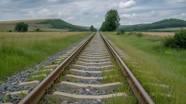 Railway tracks stretching into the distance through green fields and hills