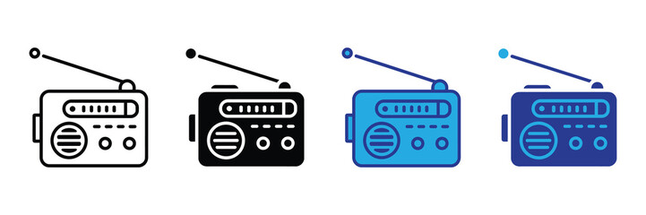 Vintage portable radio receiver icon set in different styles: outline, solid, blue, dark blue isolated on white background