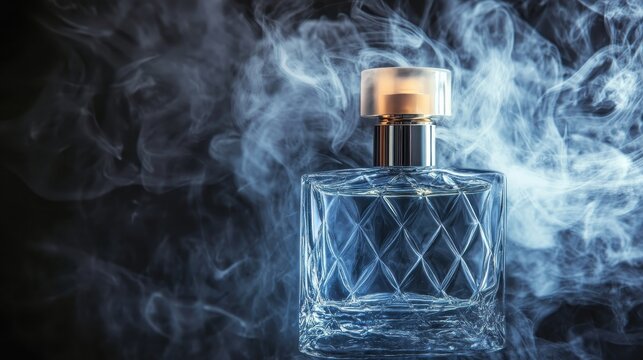 Elegant perfume bottle with contrasting light and vapor
