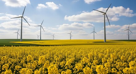 Golden Field of Rapeseed Flowers and Wind Turbines on a Sunny Day Under Blue Sky