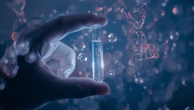 Hand of a scientist holding a dna test tube - Powered by Adobe