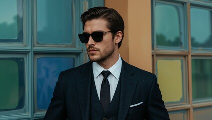 Handsome male model in sunglasses and suit