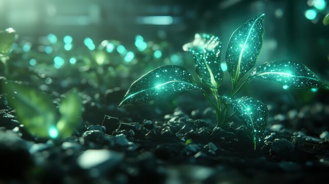 Miniature plant model with intricate glowing bioengineering details