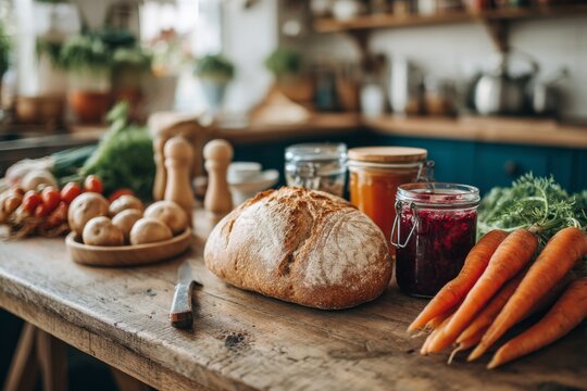 Fresh baked bread, carrots, potatoes, and jars of preserved fruit sit arranged on a rustic wooden kitchen counter.