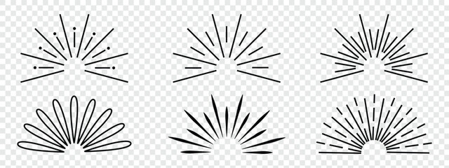 Collection of diverse stylized sunburst and sunrise icons. A collection of three minimalist sunburst illustrations in a vintage, bohemian style.  retro sunburst round boarder bundle.  retro burst. 
