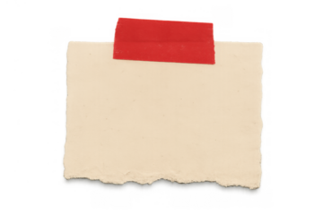 Torn blank vintage paper note with red tape sticker, creating a reminder message or scrapbook element on transparent background
