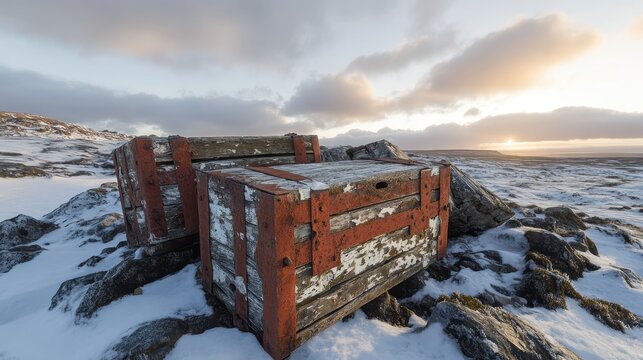 Old wooden ammunition boxes in snowy arctic conditions