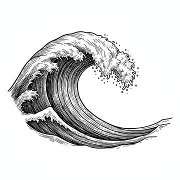 Old-school tattoo of an ocean wave in traditional blackwork style, nautical design representing surf culture and freedom