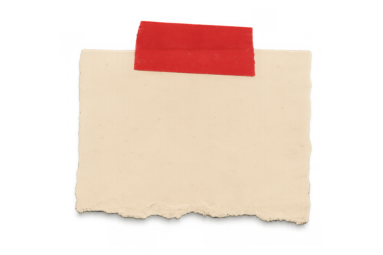 Torn blank vintage paper note with red tape sticker, creating a reminder message or scrapbook element on transparent background