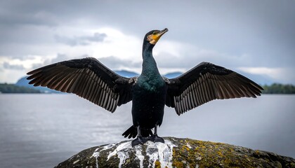 Dark bird standing on a mossy, bird-poop covered rock spreading its wings open, against blurred water backdrop