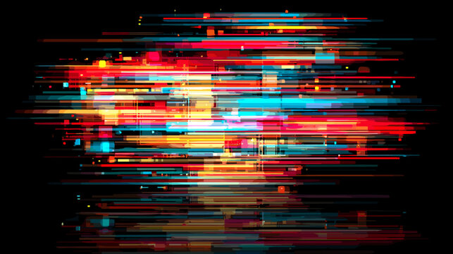 Colorful digital glitch background with vibrant streaks on black  