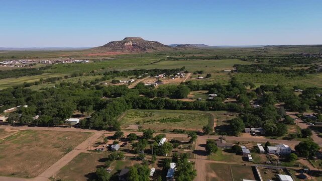 Aerial landscape of small rural desert town on historic route 66 Tucumcari New Mexico NM