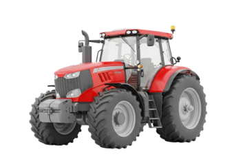 A powerful red tractor with large tires, designed for agricultural work