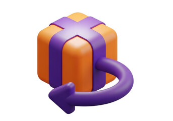 3d rendering of a gift box with a purple ribbon and a return arrow