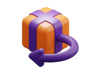 3d rendering of a gift box with a purple ribbon and a return arrow