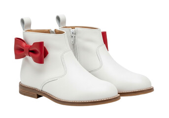 Pair of white leather ankle boots with red bows for a child