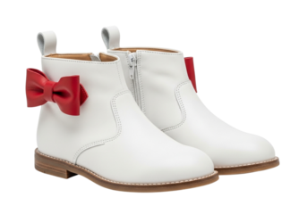 Pair of white leather ankle boots with red bows for a child
