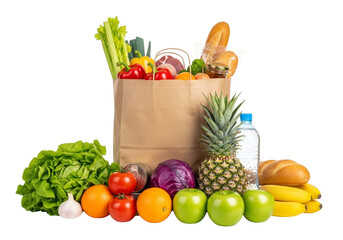 A brown paper grocery bag filled with fresh fruits, vegetables, bread, and a bottle of water