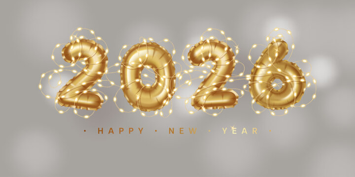 2026 Golden Balloon numbers with micro lights, Happy New Year greetings. Vector illustration in realistic 3D style