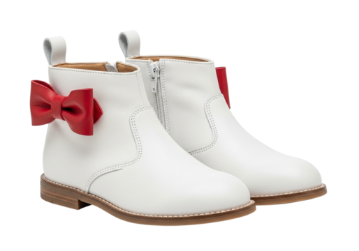 Pair of white leather ankle boots with red bows for a child