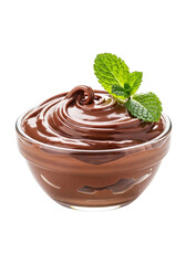Delicious chocolate spread in a glass bowl, garnished with fresh mint leaves